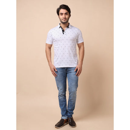 Rosolly Men's Casual Cotton Printed Polo Neck Half Sleeve T-Shirt (White)