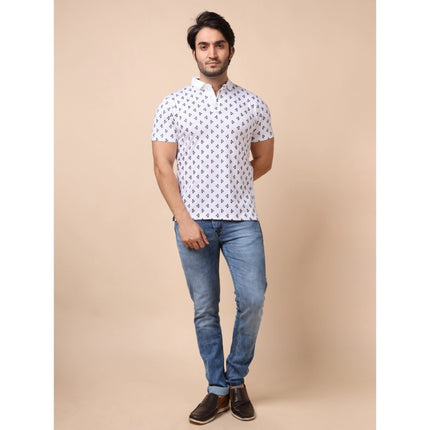 Rosolly Men's Casual Cotton Printed Polo Neck Half Sleeve T-Shirt (White)