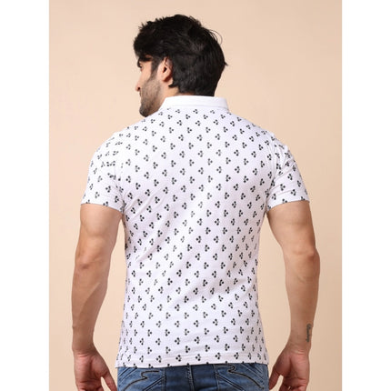 Rosolly Men's Casual Cotton Printed Polo Neck Half Sleeve T-Shirt (White)