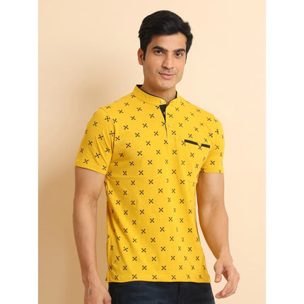 Rosolly Men's Casual Cotton Printed Mandarin Collar Half Sleeve T-Shirt (Mustard)