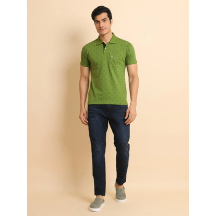 Rosolly Men's Casual Cotton Printed Polo Neck Half Sleeve T-Shirt (Green)