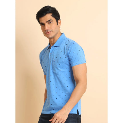 Rosolly Men's Casual Cotton Printed Polo Neck Half Sleeve T-Shirt (Blue)