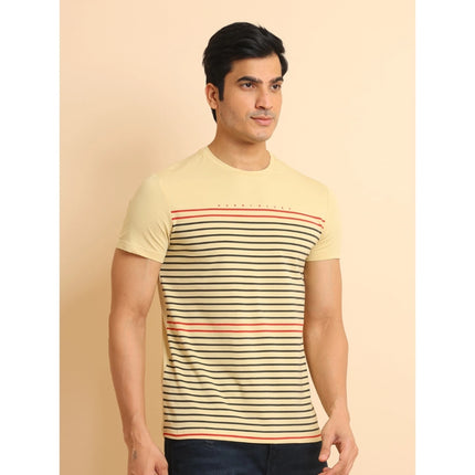 Rosolly Men's Casual Cotton Printed Round Neck Half Sleeve T-Shirt (Beige)