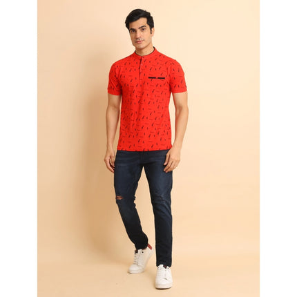 Rosolly Men's Casual Cotton Printed Mandarin Collar Half Sleeve T-Shirt (Red)