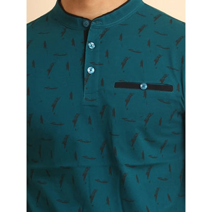 Rosolly Men's Casual Cotton Printed Mandarin Collar Half Sleeve T-Shirt (Green)