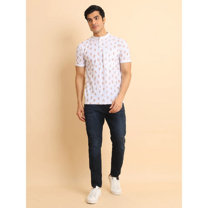Rosolly Men's Casual Cotton Printed Mandarin Collar Half Sleeve T-Shirt (White)