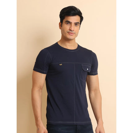 Rosolly Men's Casual Cotton Solid Round Neck Half Sleeve T-Shirt (Navy)