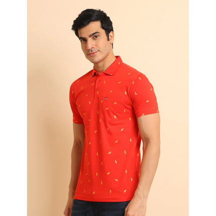 Rosolly Men's Casual Cotton Printed Polo Neck Half Sleeve T-Shirt (Red)