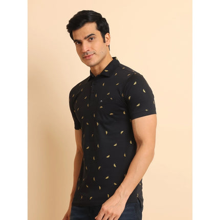 Rosolly Men's Casual Cotton Printed Polo Neck Half Sleeve T-Shirt (Black)