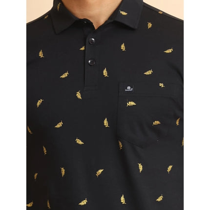 Rosolly Men's Casual Cotton Printed Polo Neck Half Sleeve T-Shirt (Black)