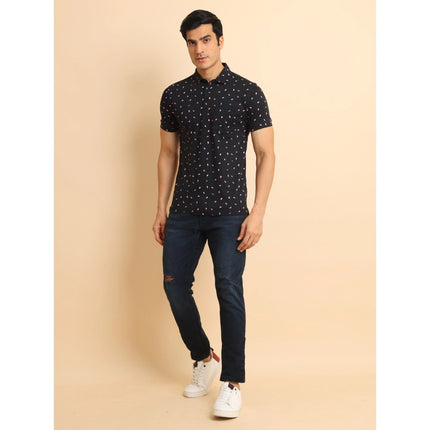 Rosolly Men's Casual Cotton Printed Polo Neck Half Sleeve T-Shirt (Black)