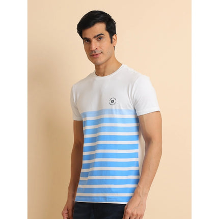 Rosolly Men's Casual Cotton Printed Round Neck Half Sleeve T-Shirt (Blue)