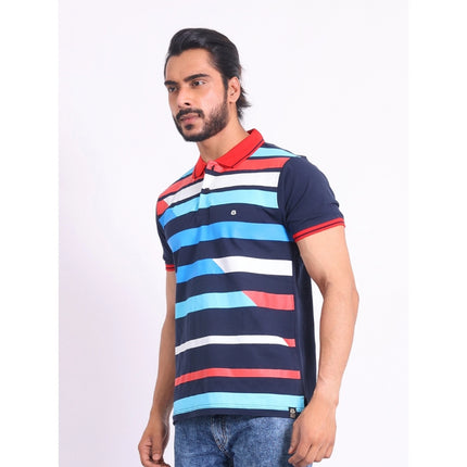 Rosolly Men's Casual Cotton Printed Polo Neck Half Sleeve T-Shirt (Navy)