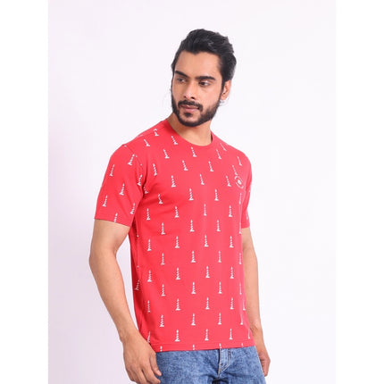 Rosolly Men's Casual Cotton Printed Round Neck Half Sleeve T-Shirt (Red)