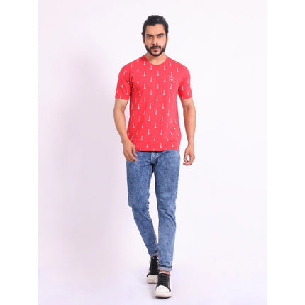 Rosolly Men's Casual Cotton Printed Round Neck Half Sleeve T-Shirt (Red)