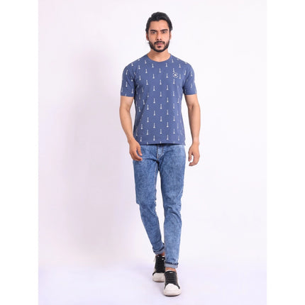 Rosolly Men's Casual Cotton Printed Round Neck Half Sleeve T-Shirt (Blue)