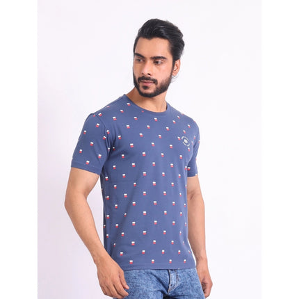 Rosolly Men's Casual Cotton Printed Round Neck Half Sleeve T-Shirt (Blue)