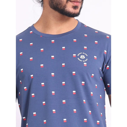 Rosolly Men's Casual Cotton Printed Round Neck Half Sleeve T-Shirt (Blue)