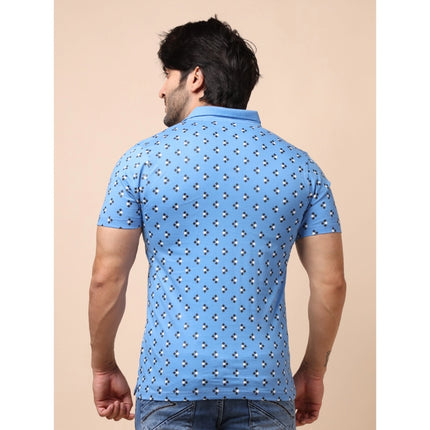 Rosolly Men's Casual Cotton Printed Polo Neck Half Sleeve T-Shirt (Blue)