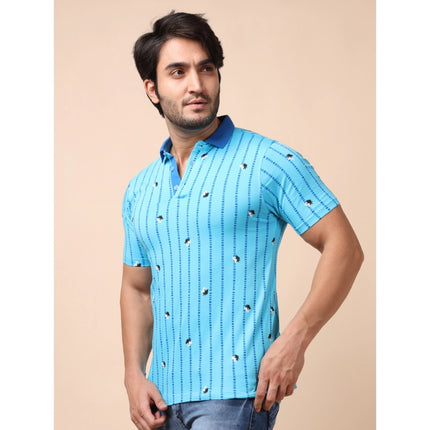 Rosolly Men's Casual Cotton Printed Polo Neck Half Sleeve T-Shirt (Skyblue)