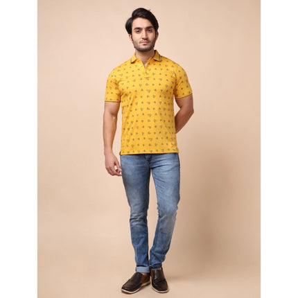 Rosolly Men's Casual Cotton Printed Polo Neck Half Sleeve T-Shirt (Mustard)