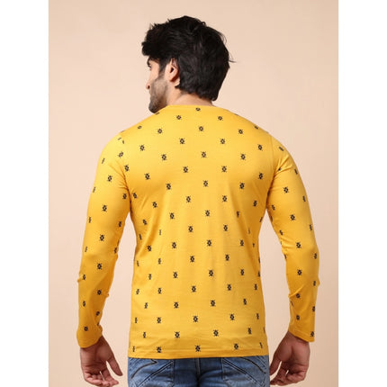 Rosolly Men's Casual Cotton Printed Round Neck Full Sleeve T-Shirt (Mustard)