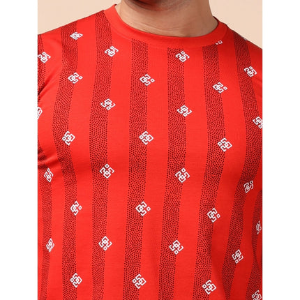 Rosolly Men's Casual Cotton Printed Round Neck Full Sleeve T-Shirt (Red)