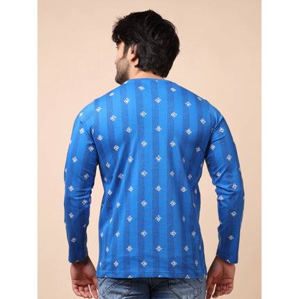 Rosolly Men's Casual Cotton Printed Round Neck Full Sleeve T-Shirt (Blue)