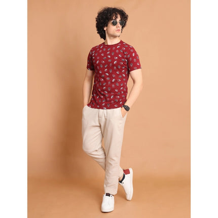 Rosolly Men's Casual Cotton Printed Round Neck Half Sleeve T-Shirt (Maroon)