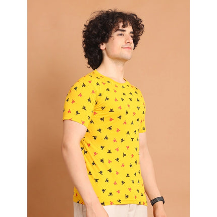 Rosolly Men's Casual Cotton Printed Round Neck Half Sleeve T-Shirt (Yellow)