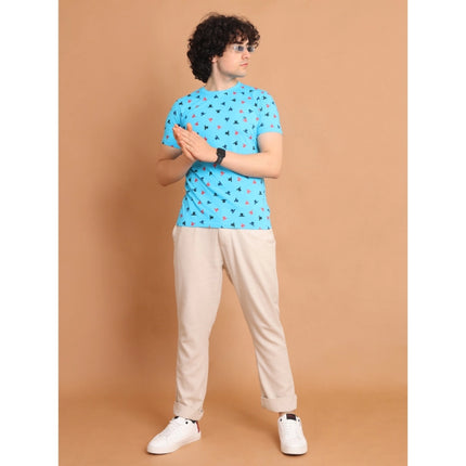 Rosolly Men's Casual Cotton Printed Round Neck Half Sleeve T-Shirt (Skyblue)