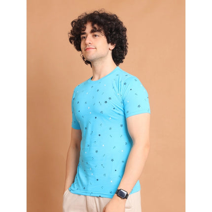 Rosolly Men's Casual Cotton Printed Round Neck Half Sleeve T-Shirt (Skyblue)