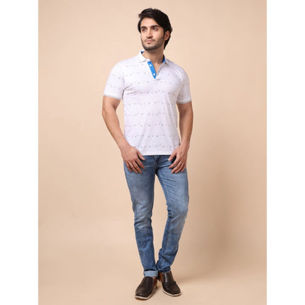 Rosolly Men's Casual Cotton Printed Polo Neck Half Sleeve T-Shirt (White)