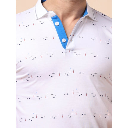 Rosolly Men's Casual Cotton Printed Polo Neck Half Sleeve T-Shirt (White)