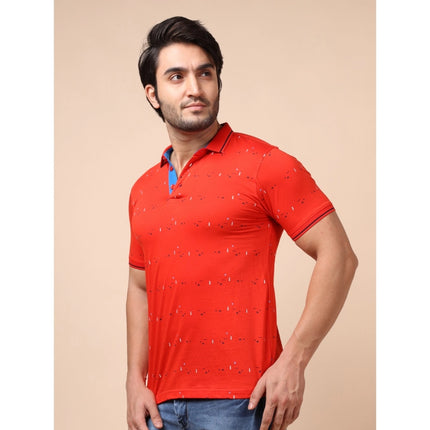 Rosolly Men's Casual Cotton Printed Polo Neck Half Sleeve T-Shirt (Red)