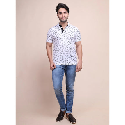 Rosolly Men's Casual Cotton Printed Polo Neck Half Sleeve T-Shirt (White)