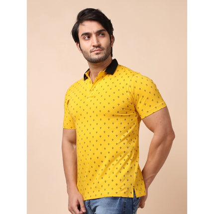 Rosolly Men's Casual Cotton Printed Polo Neck Half Sleeve T-Shirt (Yellow)