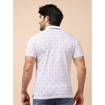 Rosolly Men's Casual Cotton Printed Polo Neck Half Sleeve T-Shirt (White)