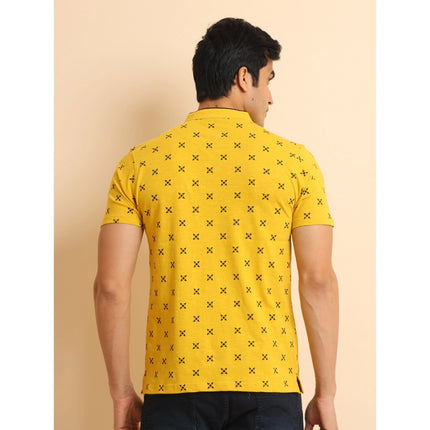 Rosolly Men's Casual Cotton Printed Mandarin Collar Half Sleeve T-Shirt (Mustard)