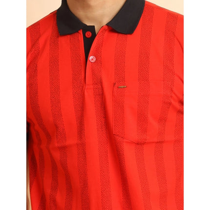 Rosolly Men's Casual Cotton Printed Polo Neck Half Sleeve T-Shirt (Red)