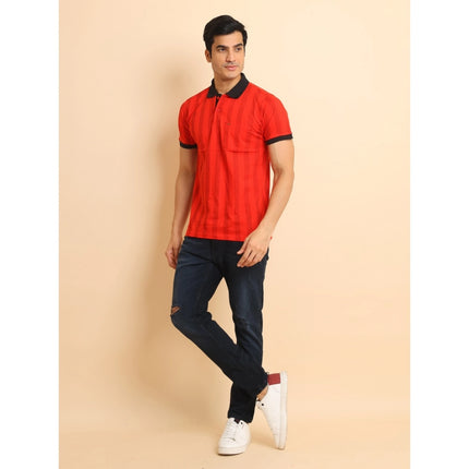 Rosolly Men's Casual Cotton Printed Polo Neck Half Sleeve T-Shirt (Red)