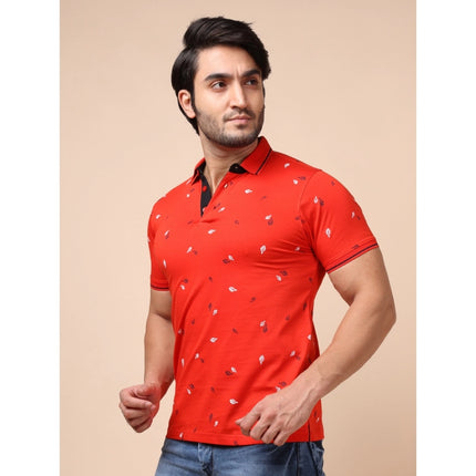 Rosolly Men's Casual Cotton Printed Polo Neck Half Sleeve T-Shirt (Red)