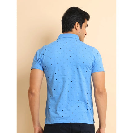 Rosolly Men's Casual Cotton Printed Polo Neck Half Sleeve T-Shirt (Blue)