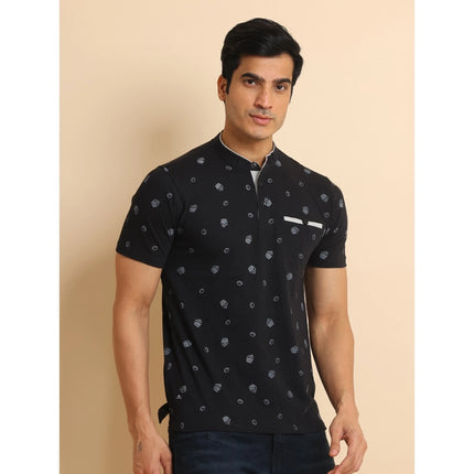 Rosolly Men's Casual Cotton Printed Mandarin Collar Half Sleeve T-Shirt (Black)