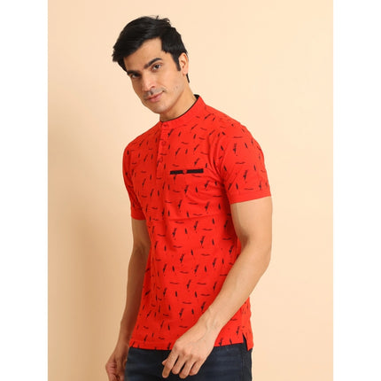 Rosolly Men's Casual Cotton Printed Mandarin Collar Half Sleeve T-Shirt (Red)