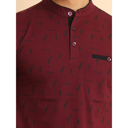 Rosolly Men's Casual Cotton Printed Mandarin Collar Half Sleeve T-Shirt (Plum)