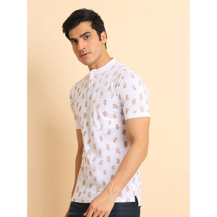 Rosolly Men's Casual Cotton Printed Mandarin Collar Half Sleeve T-Shirt (White)