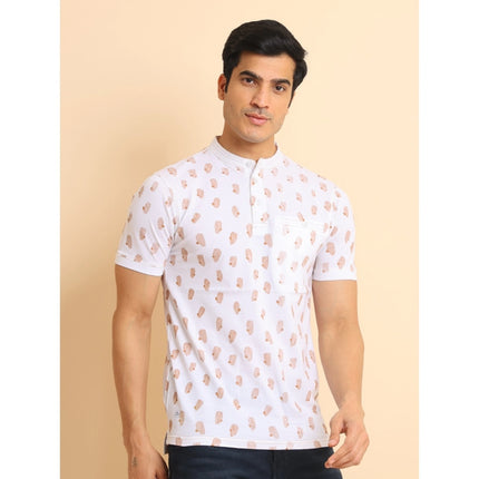 Rosolly Men's Casual Cotton Printed Mandarin Collar Half Sleeve T-Shirt (White)