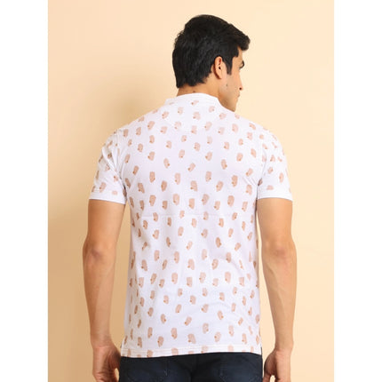 Rosolly Men's Casual Cotton Printed Mandarin Collar Half Sleeve T-Shirt (White)