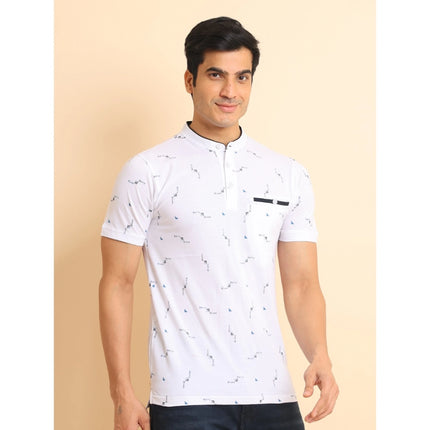 Rosolly Men's Casual Cotton Printed Mandarin Collar Half Sleeve T-Shirt (White)
